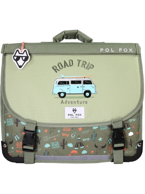 Cartable garçon 35 cm réversible 1 compartiment POL FOX Road Trip vert motif van et aventure - Kiabi