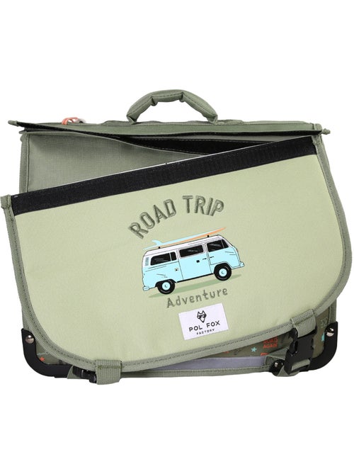 Cartable garçon 35 cm réversible 1 compartiment POL FOX Road Trip vert motif van et aventure - Kiabi