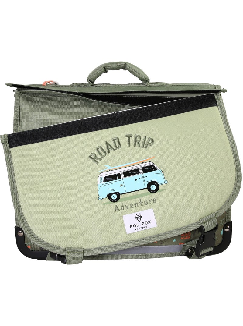 Cartable garçon 35 cm réversible 1 compartiment POL FOX Road Trip vert motif van et aventure Vert - Kiabi
