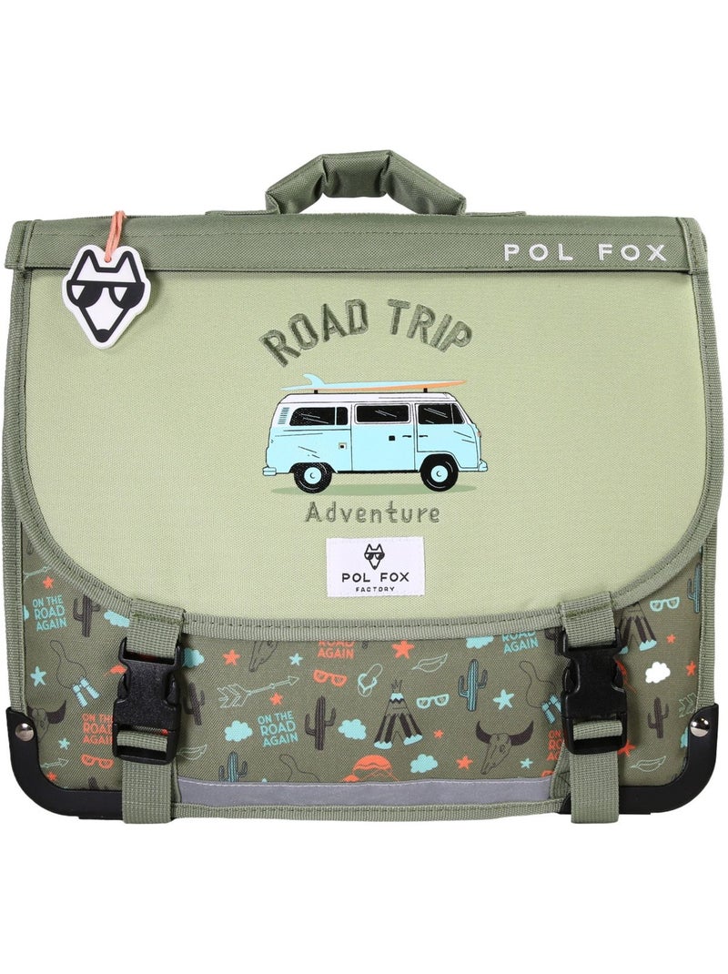 Cartable garçon 35 cm réversible 1 compartiment POL FOX Road Trip vert motif van et aventure Vert - Kiabi