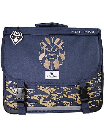 Cartable garçon 38 cm réversible 2 compartiments POL FOX Lion bleu marine motif lion