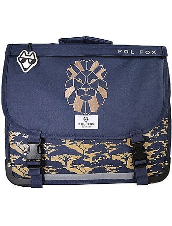 Cartable garçon 38 cm réversible 2 compartiments POL FOX Lion bleu marine motif lion