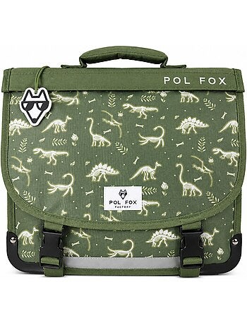 Cartable garçon POL FOX JURASSIC réversible 38 cm – 2 compartiments – Vert dinosaure