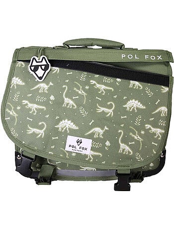 Cartable garçon POL FOX JURASSIC réversible 38 cm – 2 compartiments – Vert dinosaure