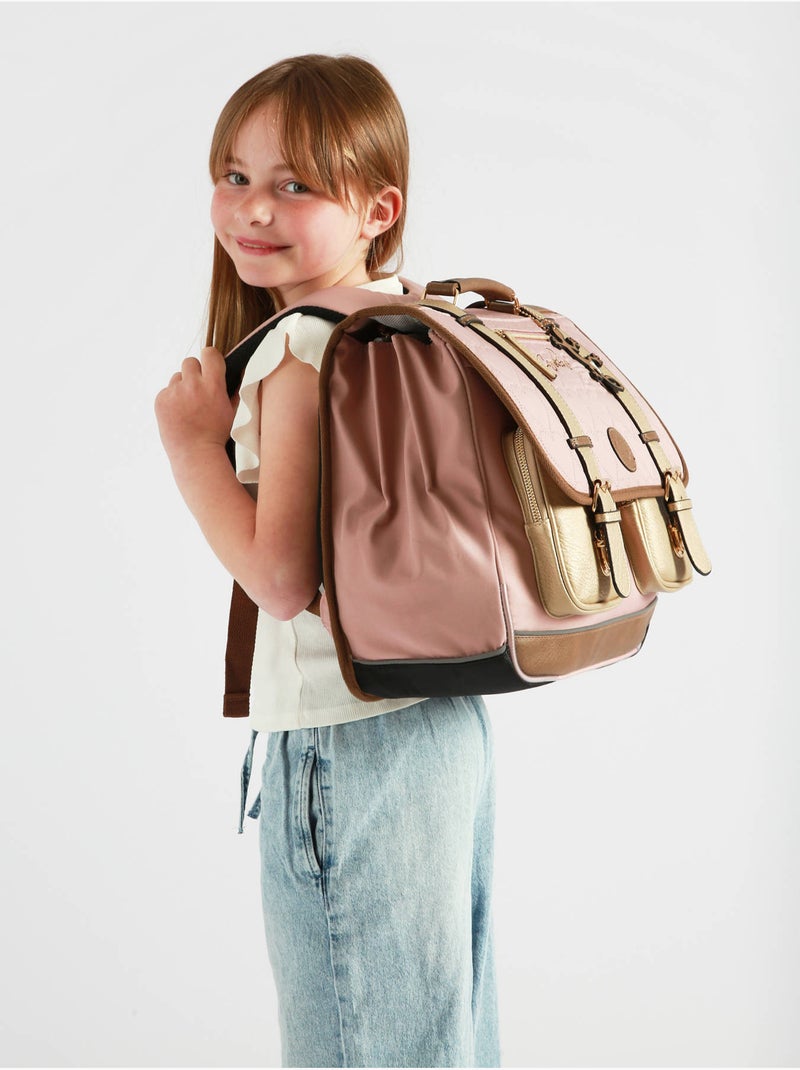 Cartable scolaire 41cm Caméléon Vintage Fantasy avec 3 compartiments - CM1/CM2 Rose/Jaune - Kiabi