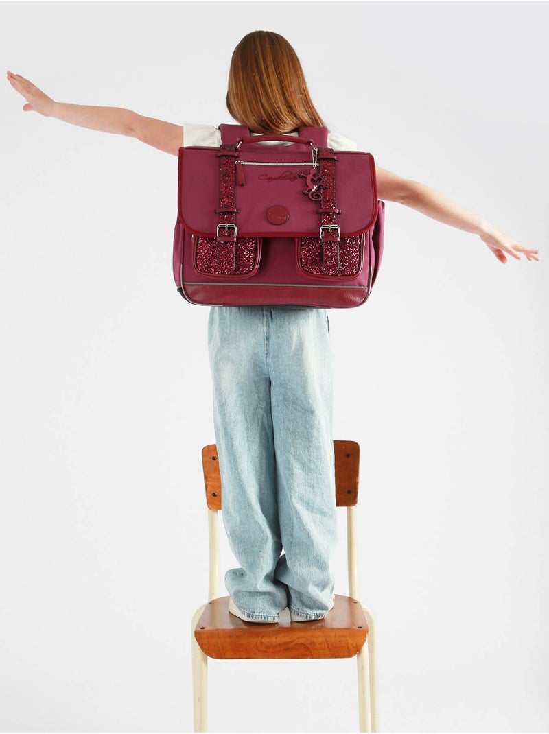 Cartable scolaire 41cm Caméléon Vintage Fantasy avec 3 compartiments - CM1/CM2 Rouge cerise - Kiabi