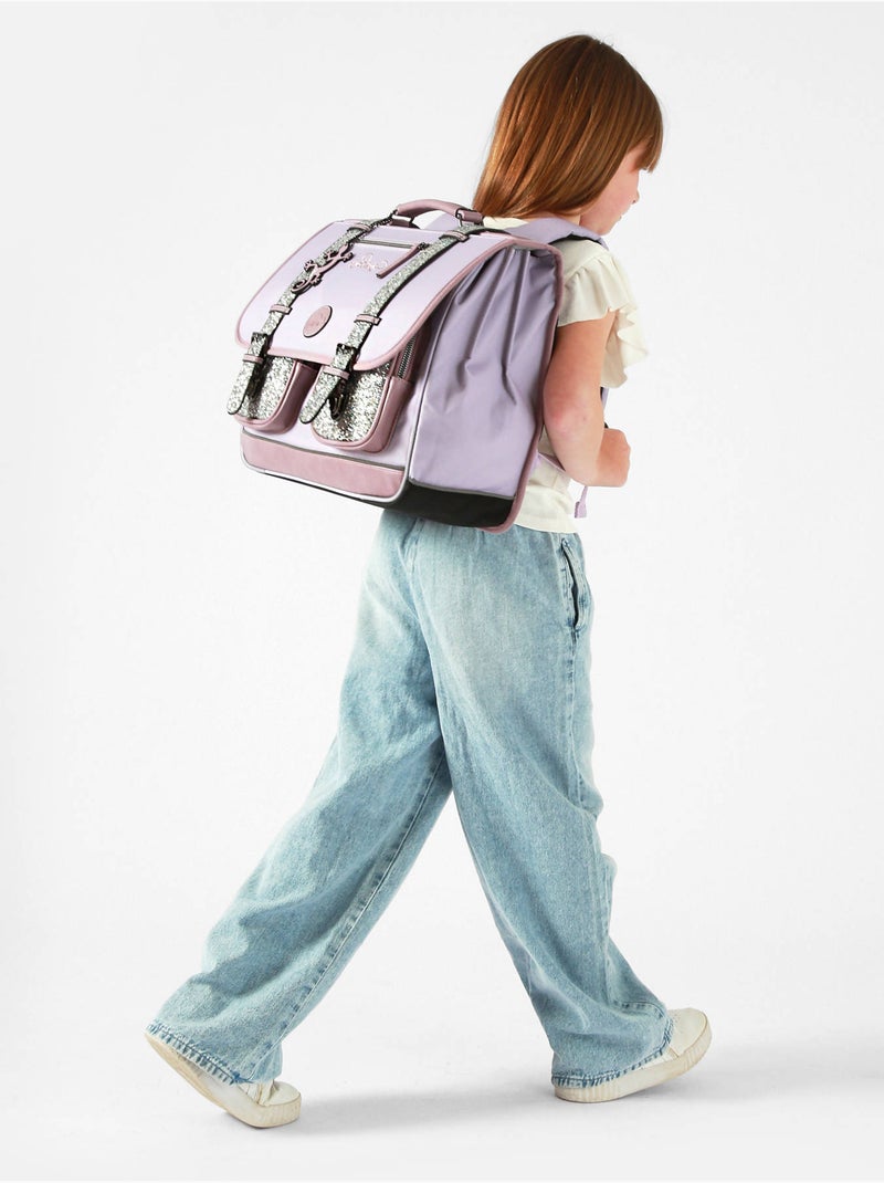 Cartable scolaire 41cm Caméléon Vintage Fantasy avec 3 compartiments - CM1/CM2 Violet clair - Kiabi