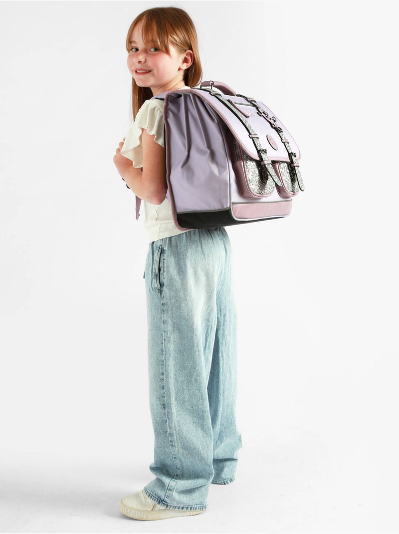 Cartable scolaire 41cm Caméléon Vintage Fantasy avec 3 compartiments - CM1/CM2 Violet clair - Kiabi
