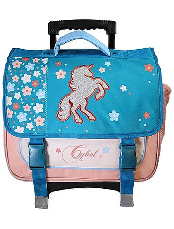 Cartable scolaire à roulettes fille Cybel Licorne 38 cm bleu et rose 2 compartiments primaire
