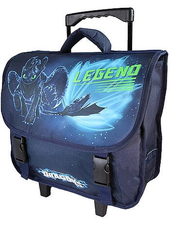 Cartable scolaire à roulettes garçon Dragons 38 cm bleu 2 compartiments
