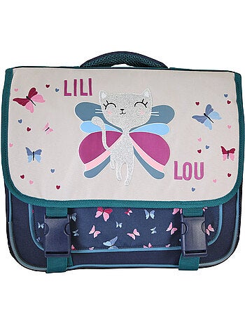 Cartable scolaire fille Lili Lou 38 cm beige et bleu 2 compartiments