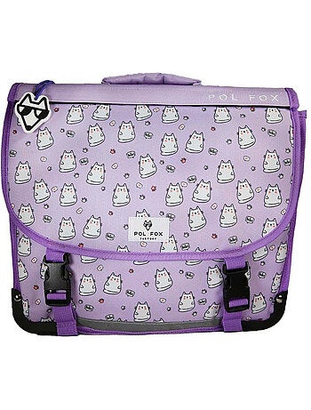 Cartable scolaire fille POL FOX HELLO 38 cm réversible 2 compartiments violet motif chat