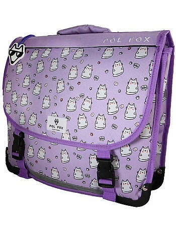 Cartable scolaire fille POL FOX HELLO 38 cm réversible 2 compartiments violet motif chat