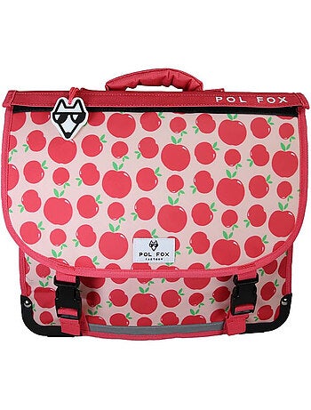 Cartable scolaire fille POL FOX POMPOM 38 cm réversible 2 compartiments rose et rouge motif pomme