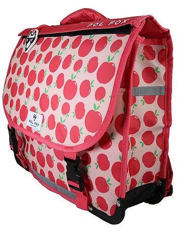 Cartable scolaire fille POL FOX POMPOM 38 cm réversible 2 compartiments rose et rouge motif pomme