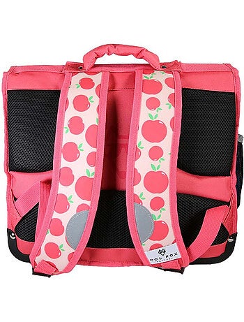 Cartable scolaire fille POL FOX POMPOM 38 cm réversible 2 compartiments rose et rouge motif pomme