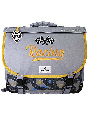 Cartable scolaire garçon POL FOX RACE 38 cm réversible 2 compartiments gris motif voiture