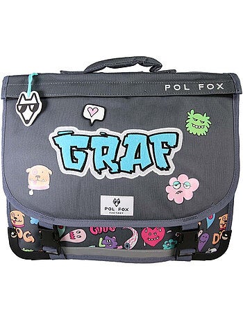 Cartable scolaire garçon POL FOX STREET ART 38 cm réversible 2 compartiments gris motifs graffiti