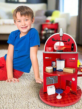 Caserne de Pompiers en Bois, Jeu Imaginatif avec 24 Figurines