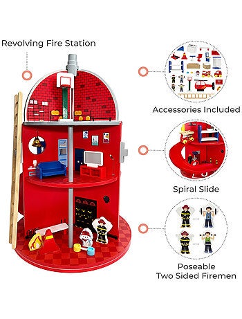 Caserne de Pompiers en Bois, Jeu Imaginatif avec 24 Figurines