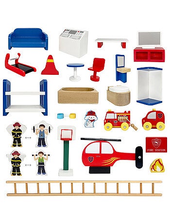 Caserne de Pompiers en Bois, Jeu Imaginatif avec 24 Figurines