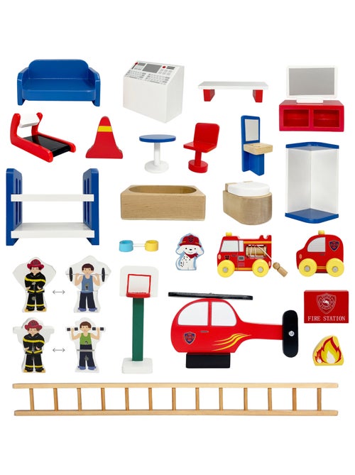 Caserne de Pompiers en Bois, Jeu Imaginatif avec 24 Figurines - Kiabi