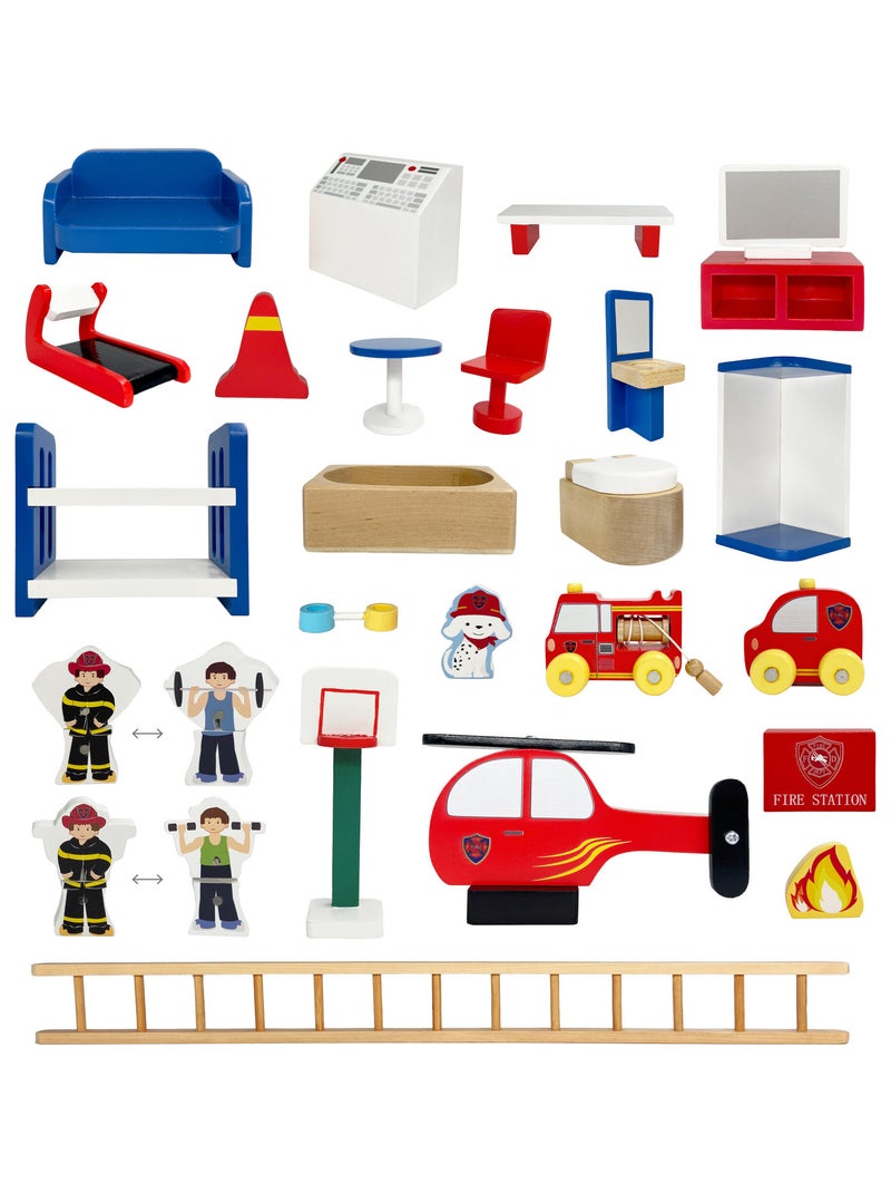 Caserne de Pompiers en Bois, Jeu Imaginatif avec 24 Figurines Rouge - Kiabi