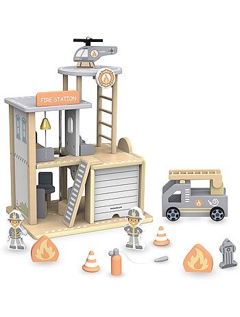 Caserne pompiers bois enfant camion helicoptere accessoires mamabrum
