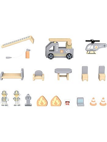 Caserne pompiers bois enfant camion helicoptere accessoires mamabrum