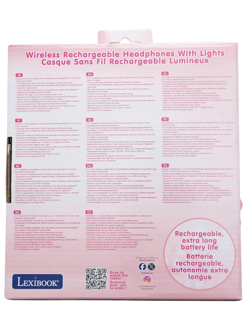 Casque lumineux pliable Bluetooth et filaire Girly avec limitation du volume Rose - Kiabi