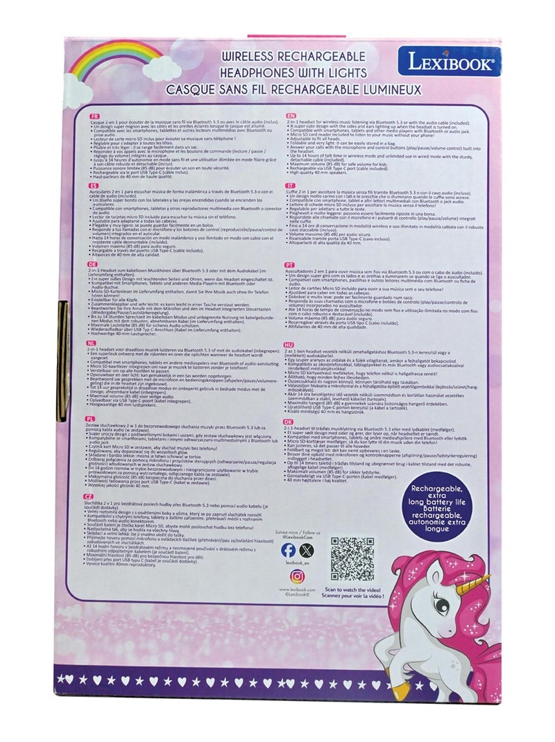 Casque lumineux pliable Bluetooth et filaire Licorne avec limitation du volume Rose - Kiabi