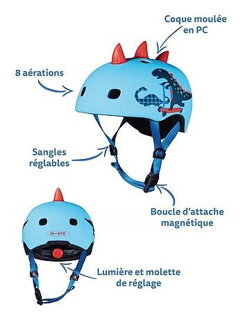 Casque Vélo Et Trottinette Dinosaure 3d Boucle Magnétique Lumière Led Intégrée Taille M