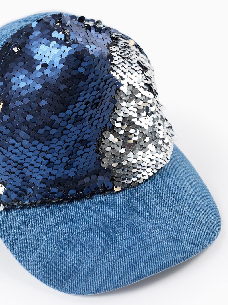 Casquette en Jean à Sequins Réversible Bleu - Kiabi