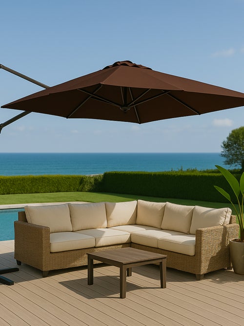 CASTILLO - Parasol circulaire Ø 350cm déporté rotatif marron en aluminium - Kiabi CASTILLO - Parasol circulaire Ø 350cm déporté rotatif marron en aluminium - Kiabi