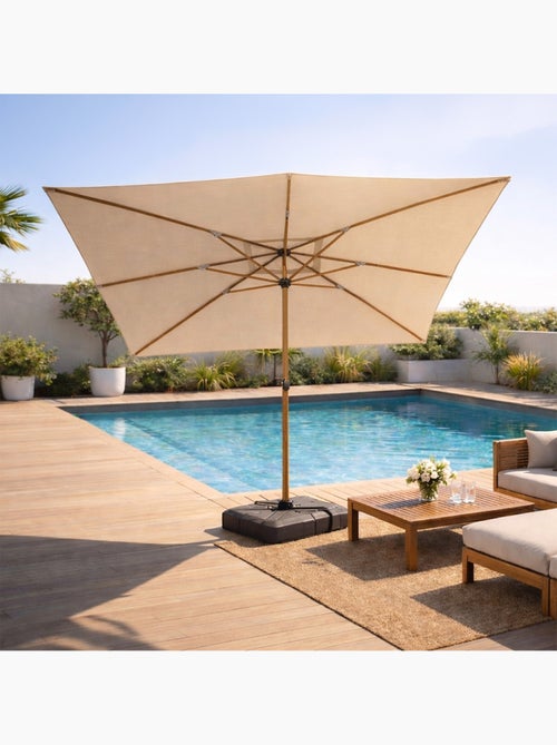 CESARE Parasol rectangulaire 3x4m déporté rotatif écru pied effet bois en aluminium - Kiabi