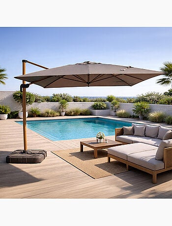 CESARE Parasol rectangulaire 3x4m déporté rotatif gris pied effet bois en aluminium