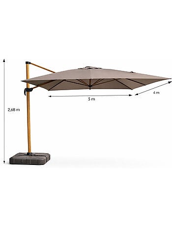 CESARE Parasol rectangulaire 3x4m déporté rotatif gris pied effet bois en aluminium