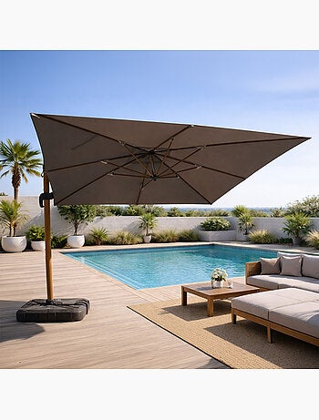 CESARE Parasol rectangulaire 3x4m déporté rotatif gris pied effet bois en aluminium