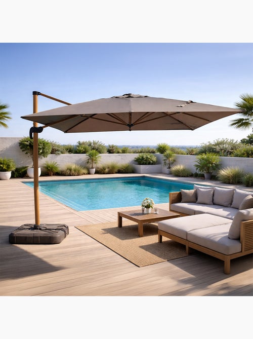CESARE Parasol rectangulaire 3x4m déporté rotatif gris pied effet bois en aluminium - Kiabi