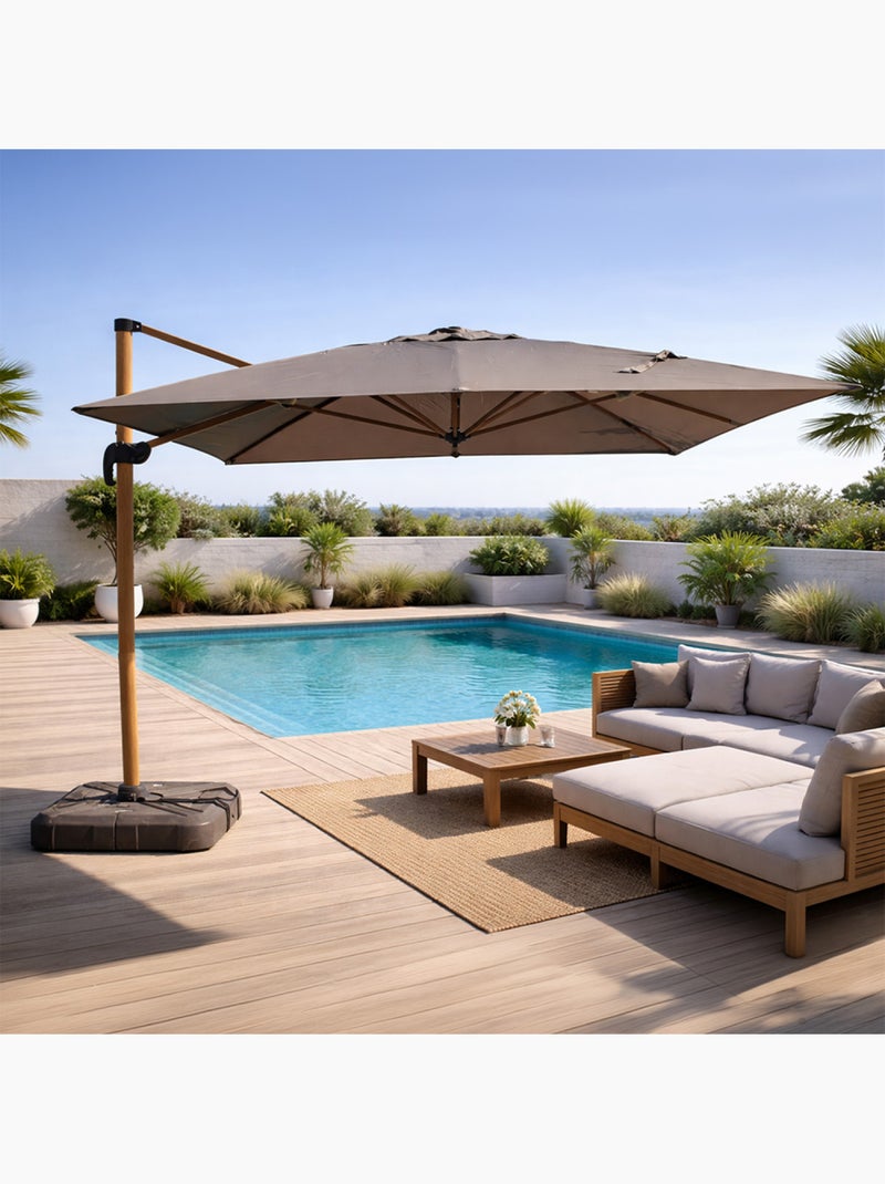 CESARE Parasol rectangulaire 3x4m déporté rotatif gris pied effet bois en aluminium Gris - Kiabi
