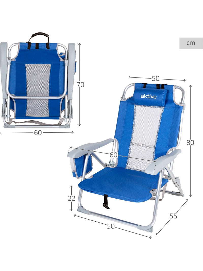 Chaise de plage et chaise longue 7 positions avec coussin et poches aktive} Bleu - Kiabi