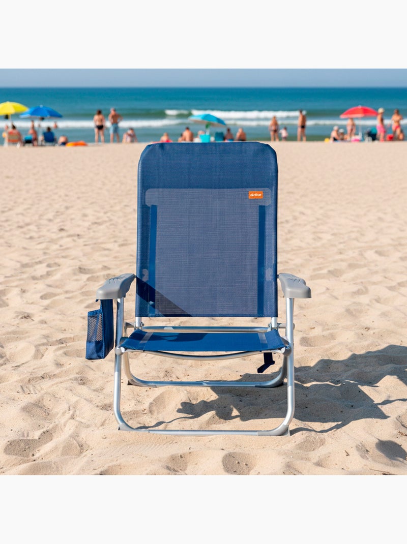 Chaise de plage pliante multi-positions mince avec coussin et poche aktive Bleu marine - Kiabi