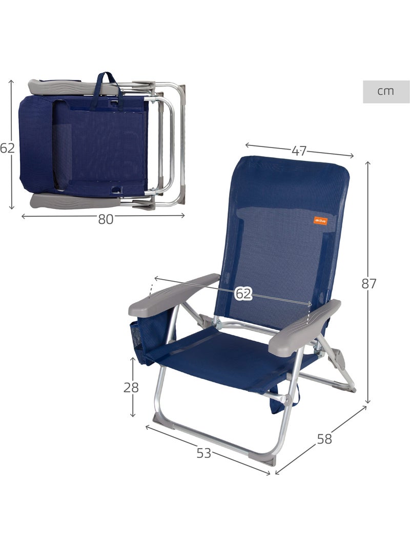 Chaise de plage pliante multi-positions mince avec coussin et poche aktive Bleu marine - Kiabi