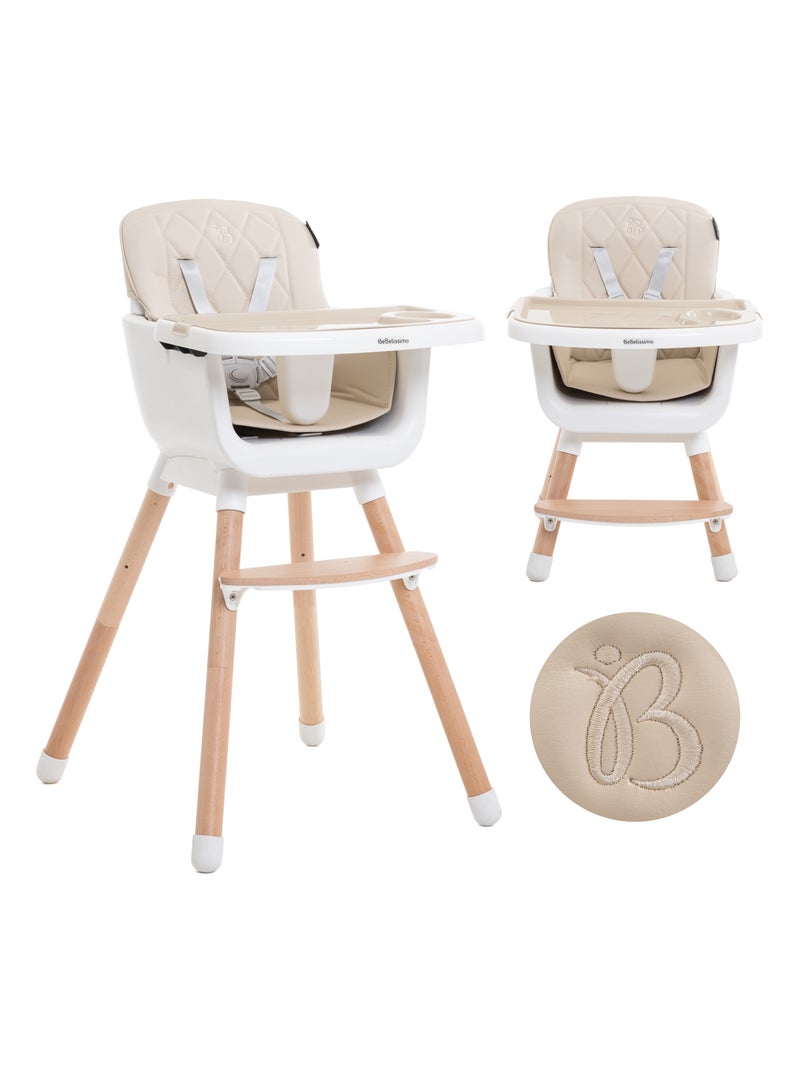 Chaise Haute bébé - Évolutive - Réglable - en Bois - 2 en 1 – 6 mois jusqu’à 5 ans - beige