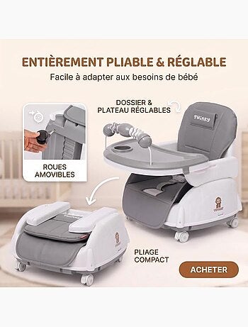 Chaise haute bébé - évolutive 3 en 1 pliable et réglable - twinky