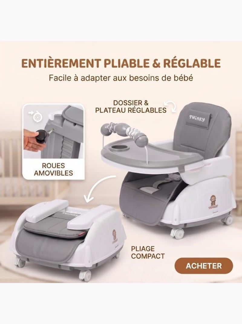 Chaise haute bébé - évolutive 3 en 1 pliable et réglable - twinky Gris - Kiabi