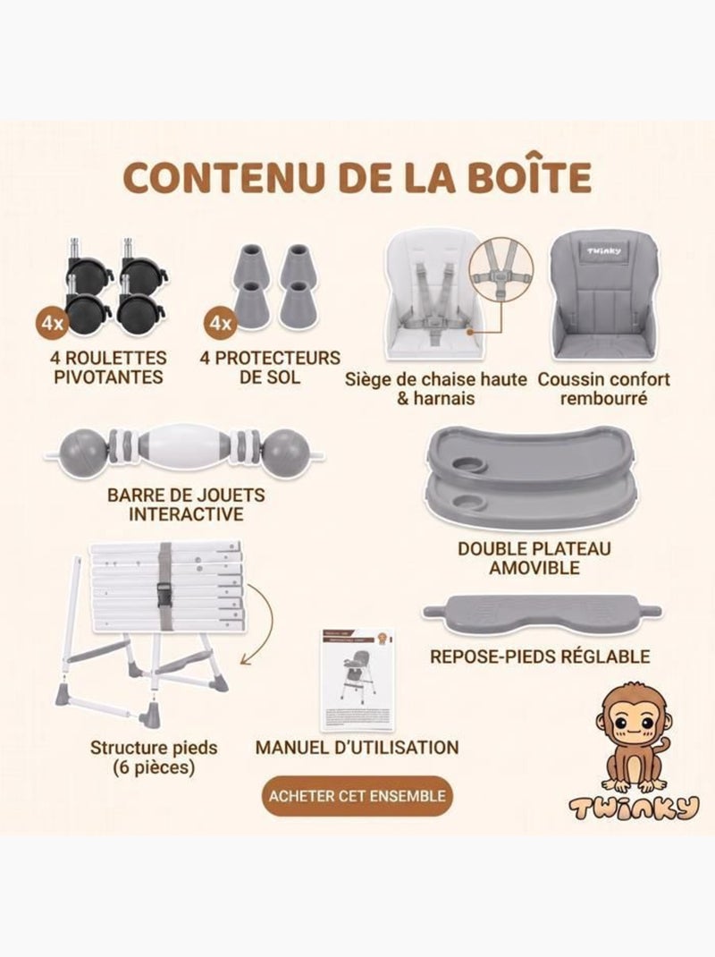 Chaise haute bébé - évolutive 3 en 1 pliable et réglable - twinky Gris - Kiabi