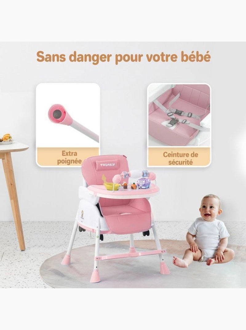 Chaise haute bébé - évolutive 3 en 1 pliable et réglable - twinky Rose - Kiabi
