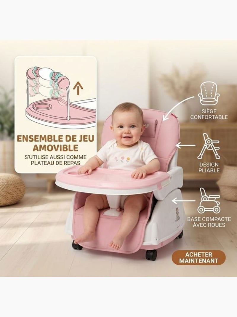 Chaise haute bébé - évolutive 3 en 1 pliable et réglable - twinky Rose - Kiabi