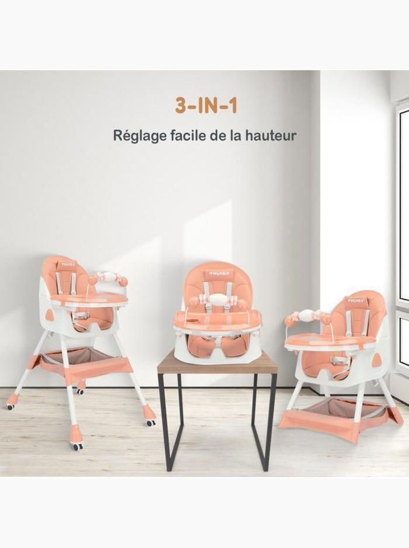 Chaise haute bébé - maxi évolutive 3 en 1 pliable - twinky Rose - Kiabi